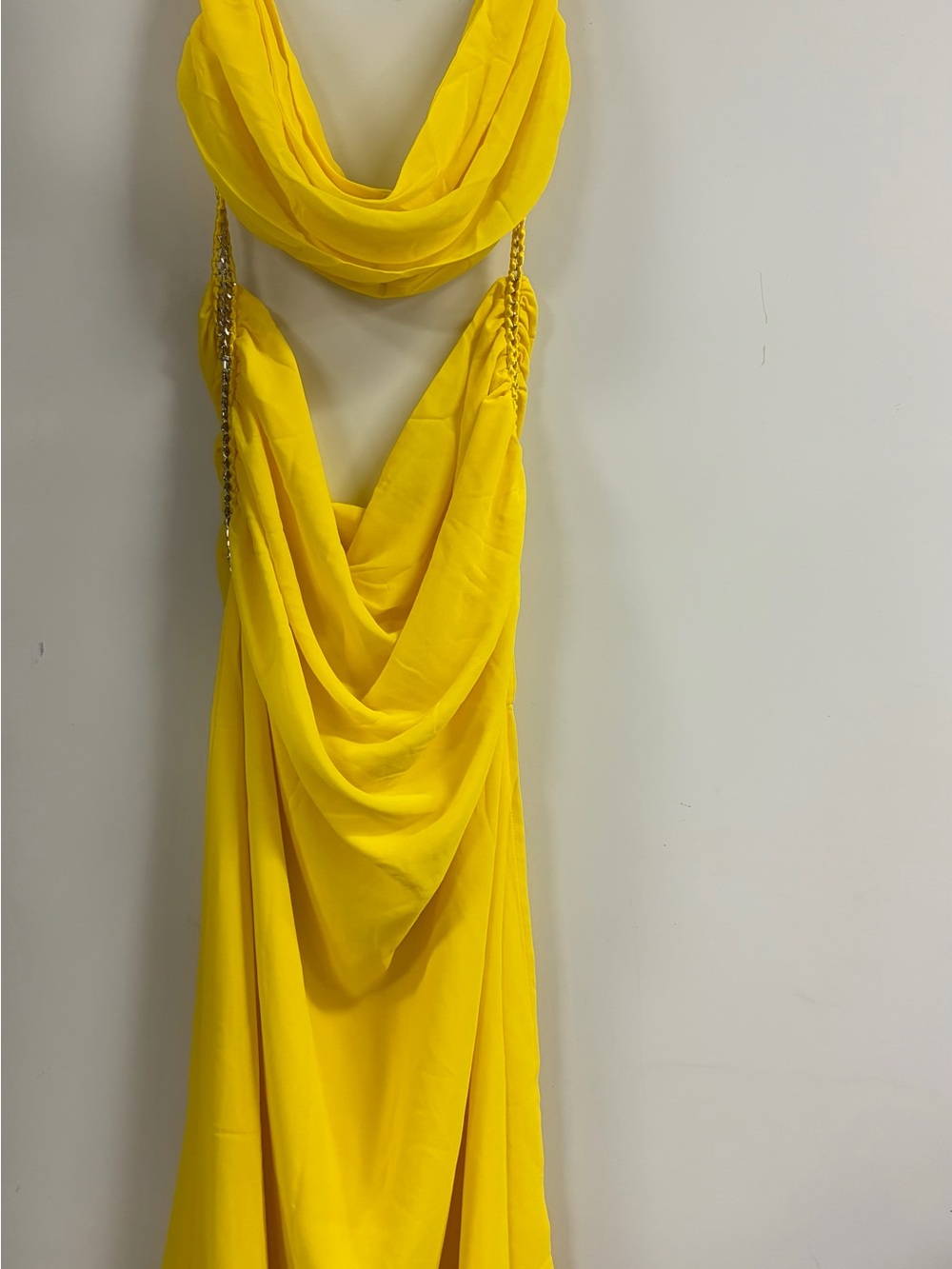 Yellow Draped Evening Dress with Chain Straps